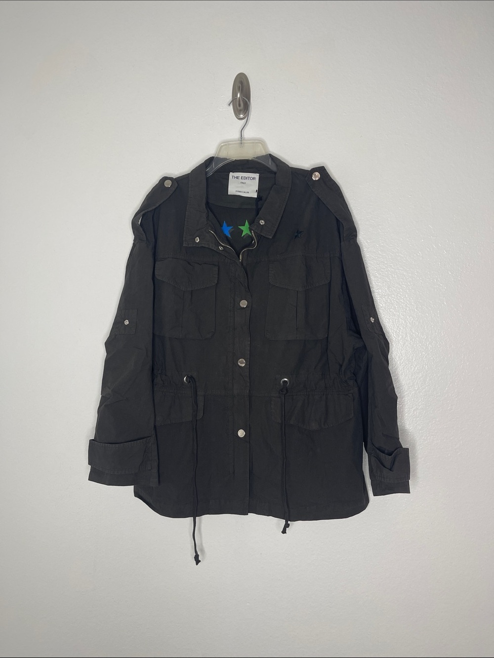 New THE EDITOR Black Military Inspired Utility Jacket Made in Italy Sz 42/Medium